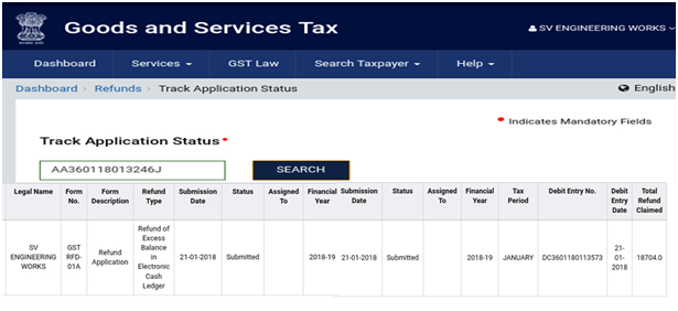 Application Status of GST refund